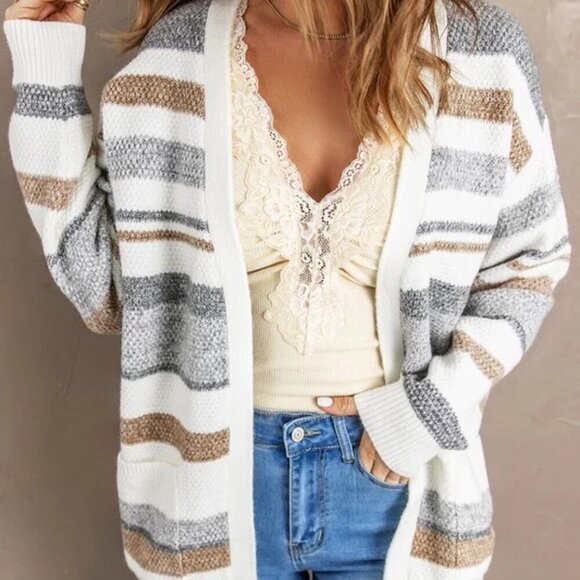 Colorblock Gray Cozy Open Front Cardigan with Front Pockets Small/Medium - Picture 12 of 14